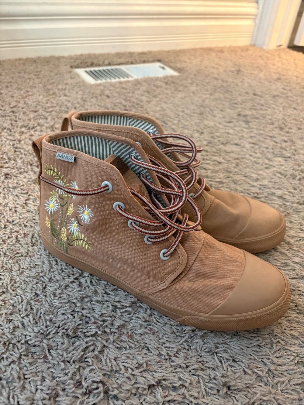 Women's Tan High-Top Canvas Sneakers with Daisy Embroidery